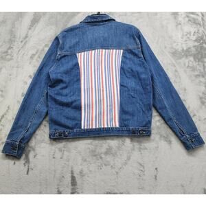 American‎ Rhino Jean Jacket Womens L Blue Denim Striped Back Panel Patriotic USA